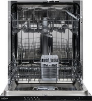 Offene Ansicht eines Einbaugeschirrspülers mit herausgezogenem unteren Geschirrkorb und Besteckkorb in der Mitte.