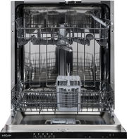 Offene Ansicht eines Einbaugeschirrspülers mit herausgezogenem unteren Geschirrkorb und Besteckkorb in der Mitte.