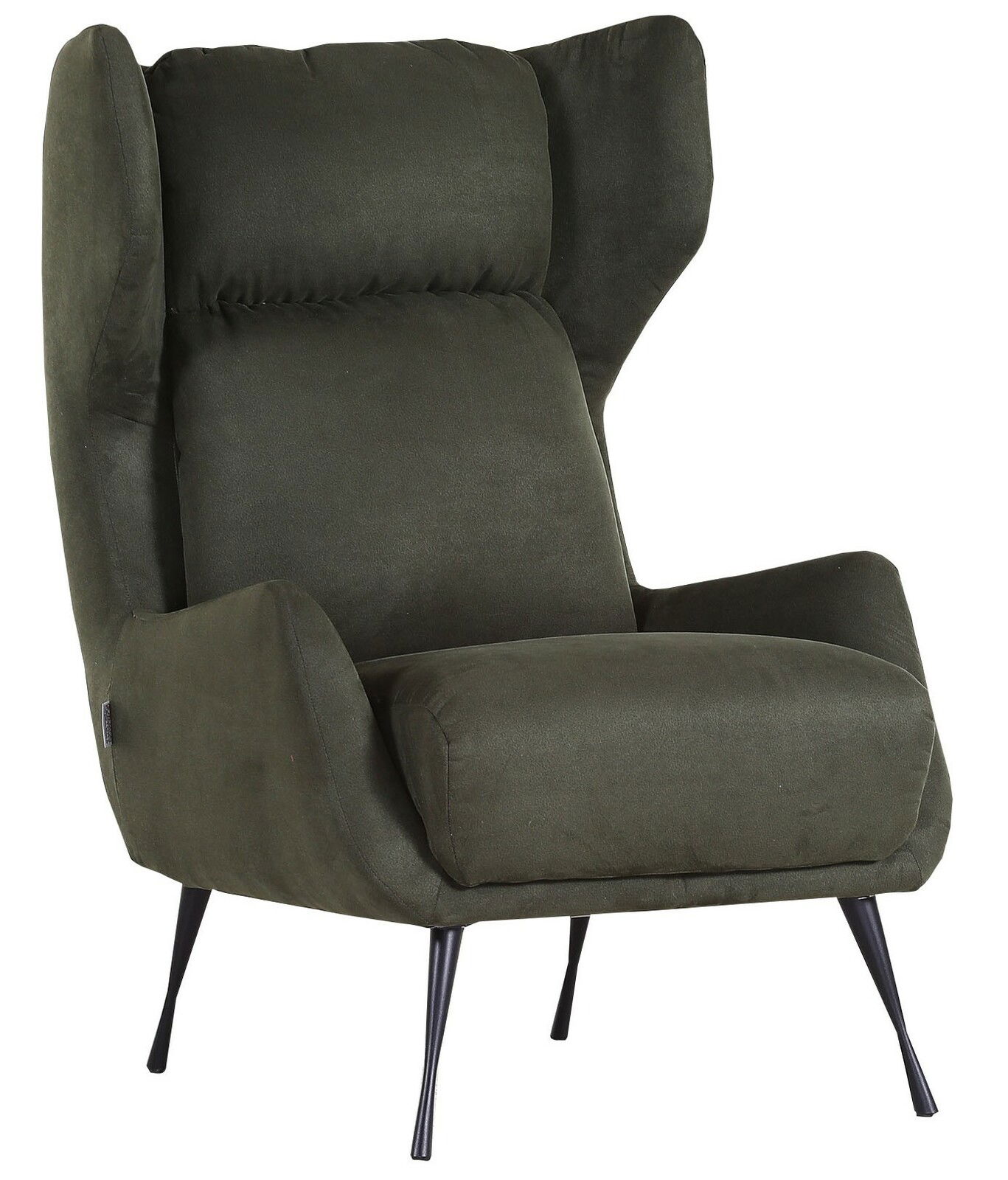Olivgrüner Ohrensessel mit schwarzen Metallbeinen, seitliche Perspektive