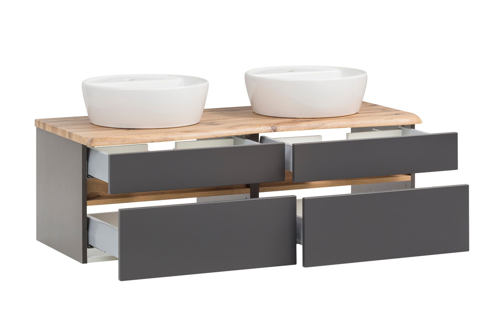 Waschtisch-Set mit zwei weißen Aufsatzwaschbecken auf einer Holzplatte und vier offenen Schubladen, seitliche Perspektive