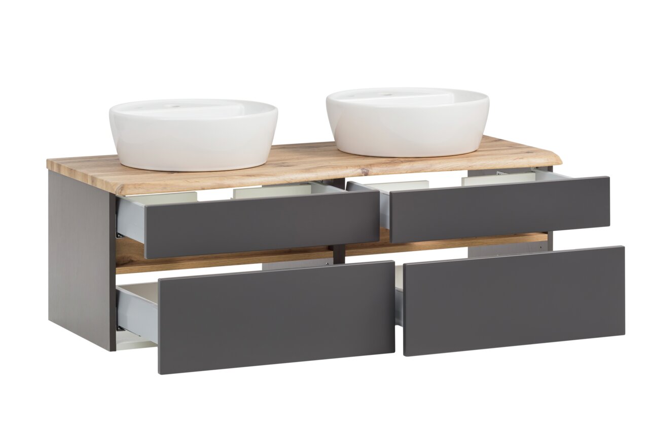 Waschtisch-Set mit zwei weißen Aufsatzwaschbecken auf einer Holzplatte und vier offenen Schubladen, seitliche Perspektive