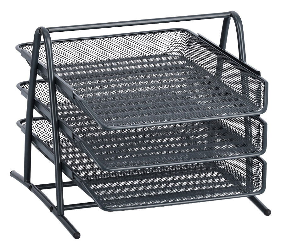 Dreistöckige schwarze Dokumentenablage aus Metallgitter, seitliche Perspektive
