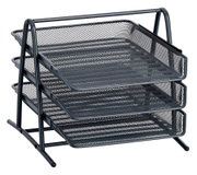 Dreistöckige schwarze Dokumentenablage aus Metallgitter, seitliche Perspektive