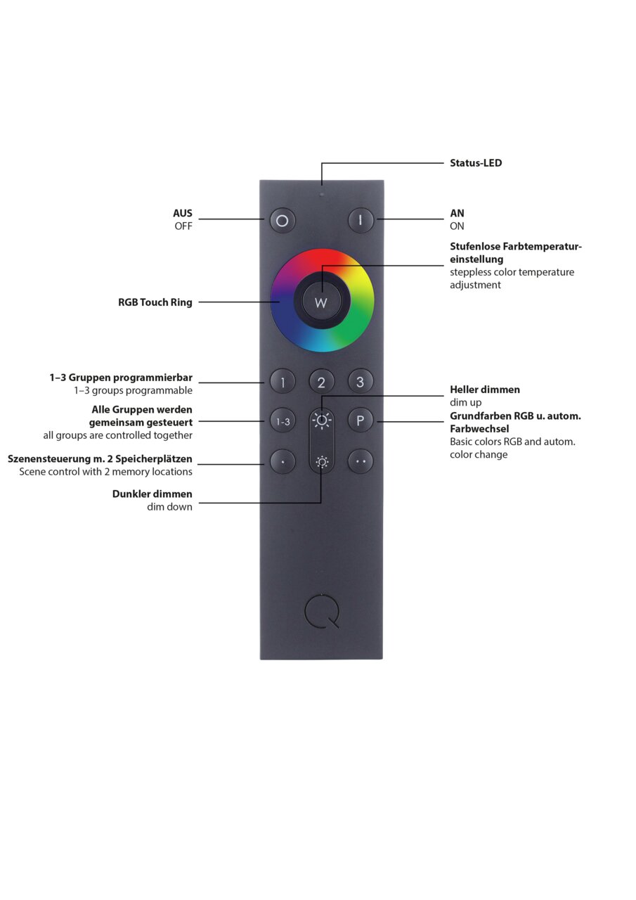Fernbedienung für Tischleuchte mit RGB-Touch-Ring und programmierbaren Tasten, Vorderansicht
