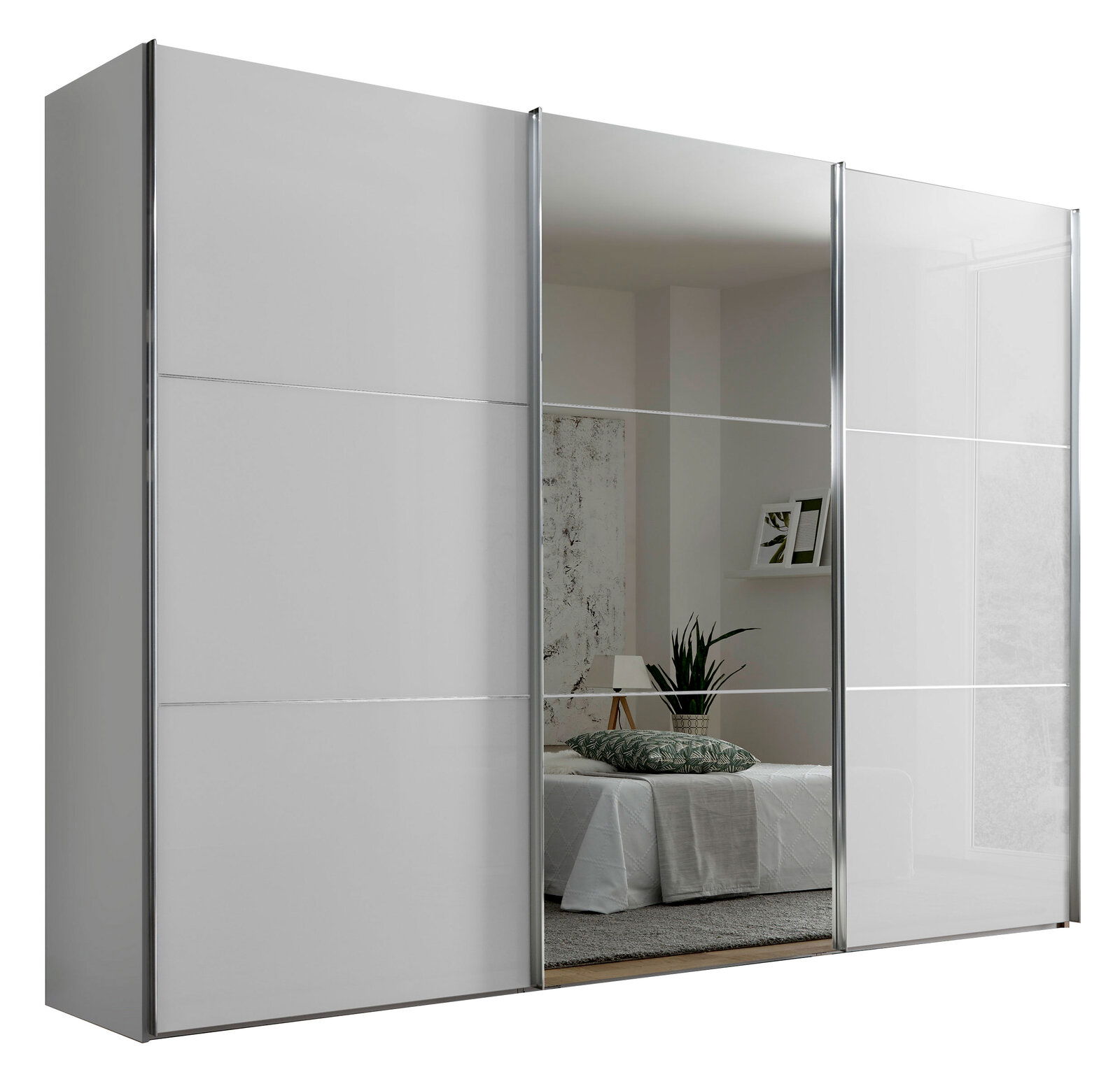 Moderner Schwebetürenschrank mit Spiegel in Frontansicht, ideal für Schlafzimmer.