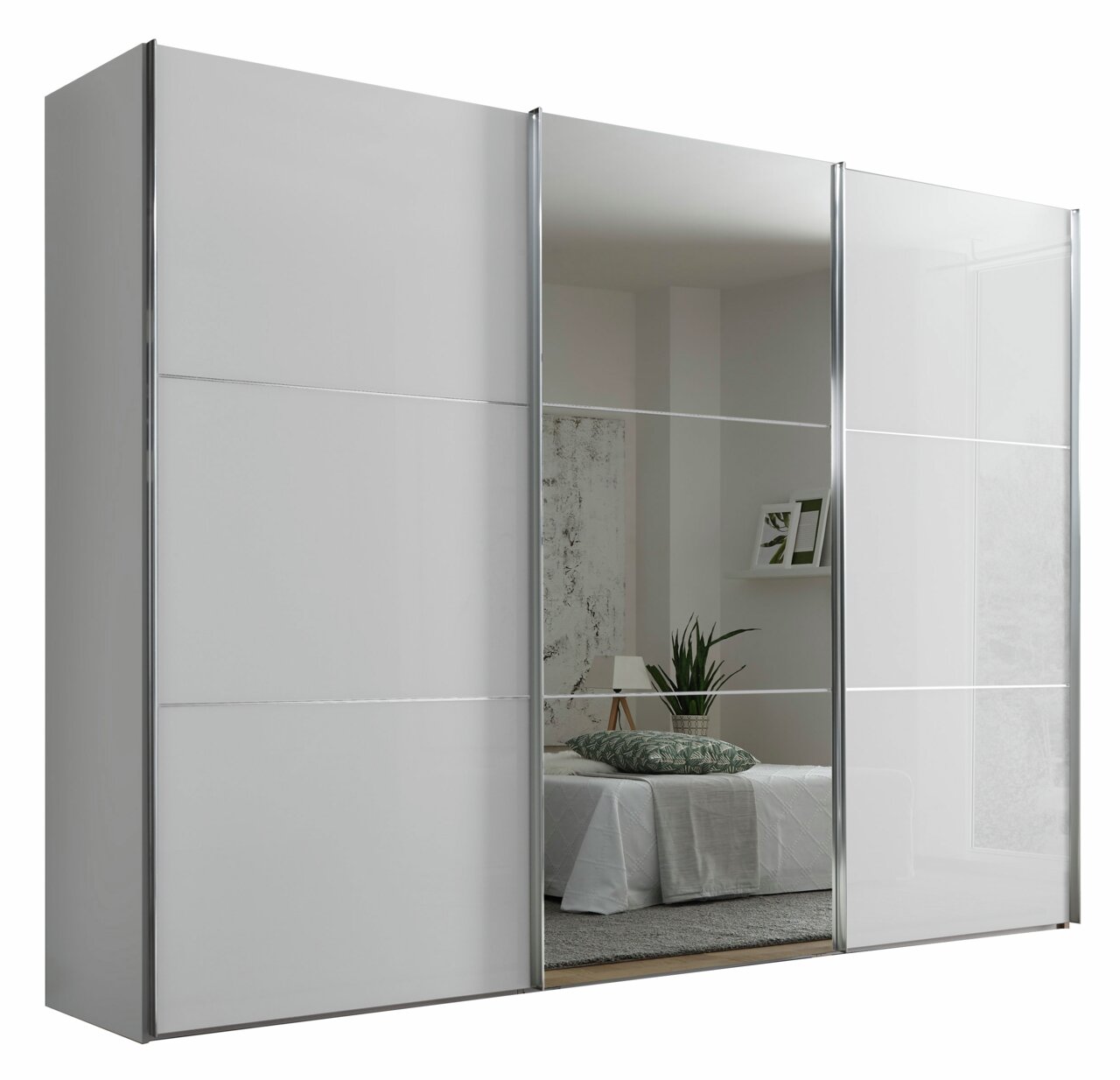 Moderner Schwebetürenschrank mit Spiegel in Frontansicht, ideal für Schlafzimmer.