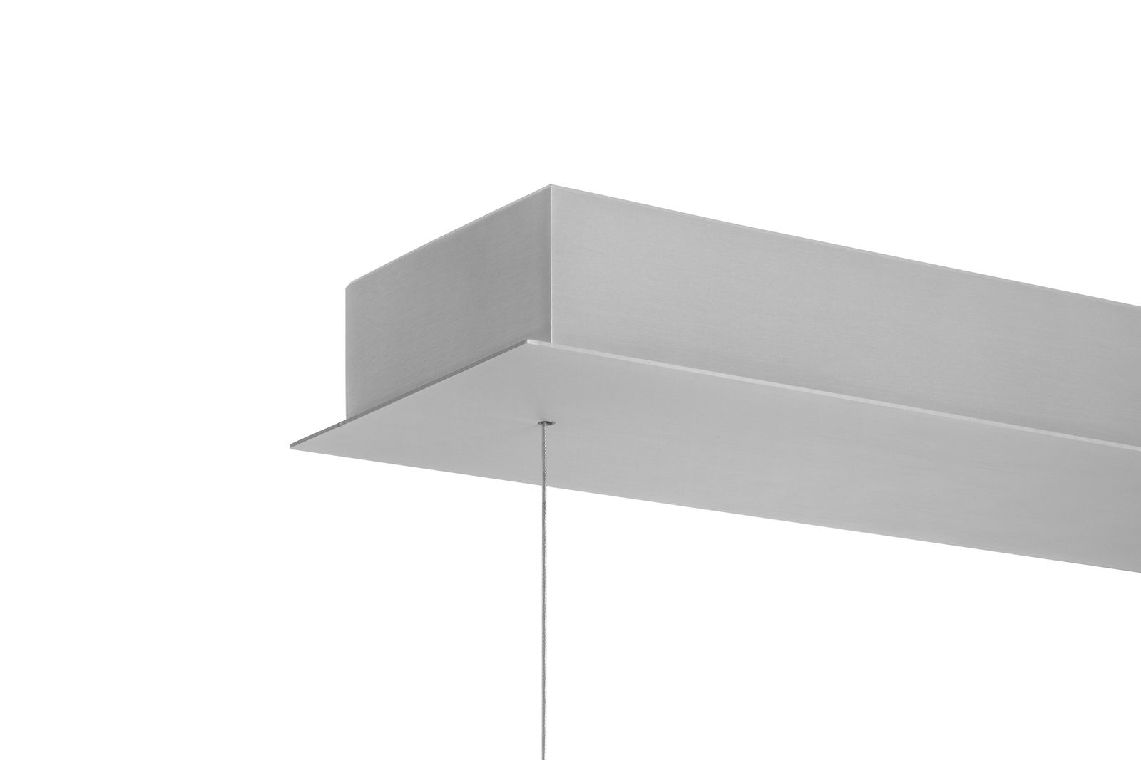 Moderne LED-Hängeleuchte aus gebürstetem Metall, seitliche Perspektive