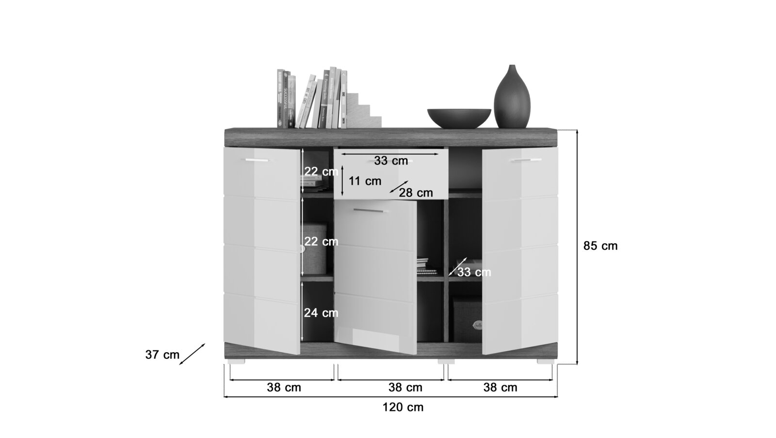 Modernes Sideboard/Kommode in Holzoptik mit weißen Fronten, drei Türen und offenen Regalfächern, Maße ca. 120 x 85 x 37 cm, Frontansicht mit eingezeichneten Innenmaßen