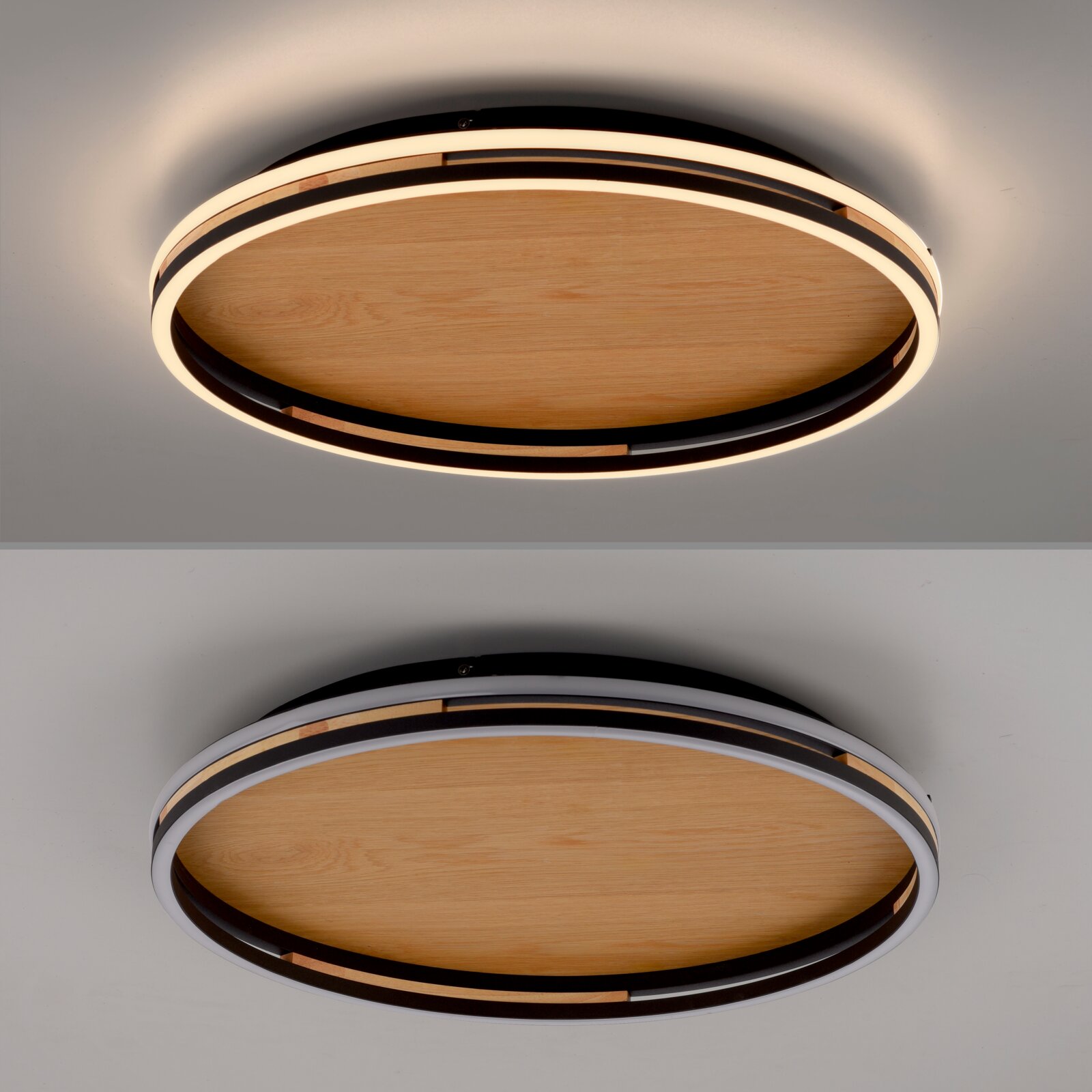 Runde LED-Deckenleuchte mit Holzoptik-Innenfläche und schwarzem Ring, umlaufender Lichtkranz, Ansicht von unten an der Decke