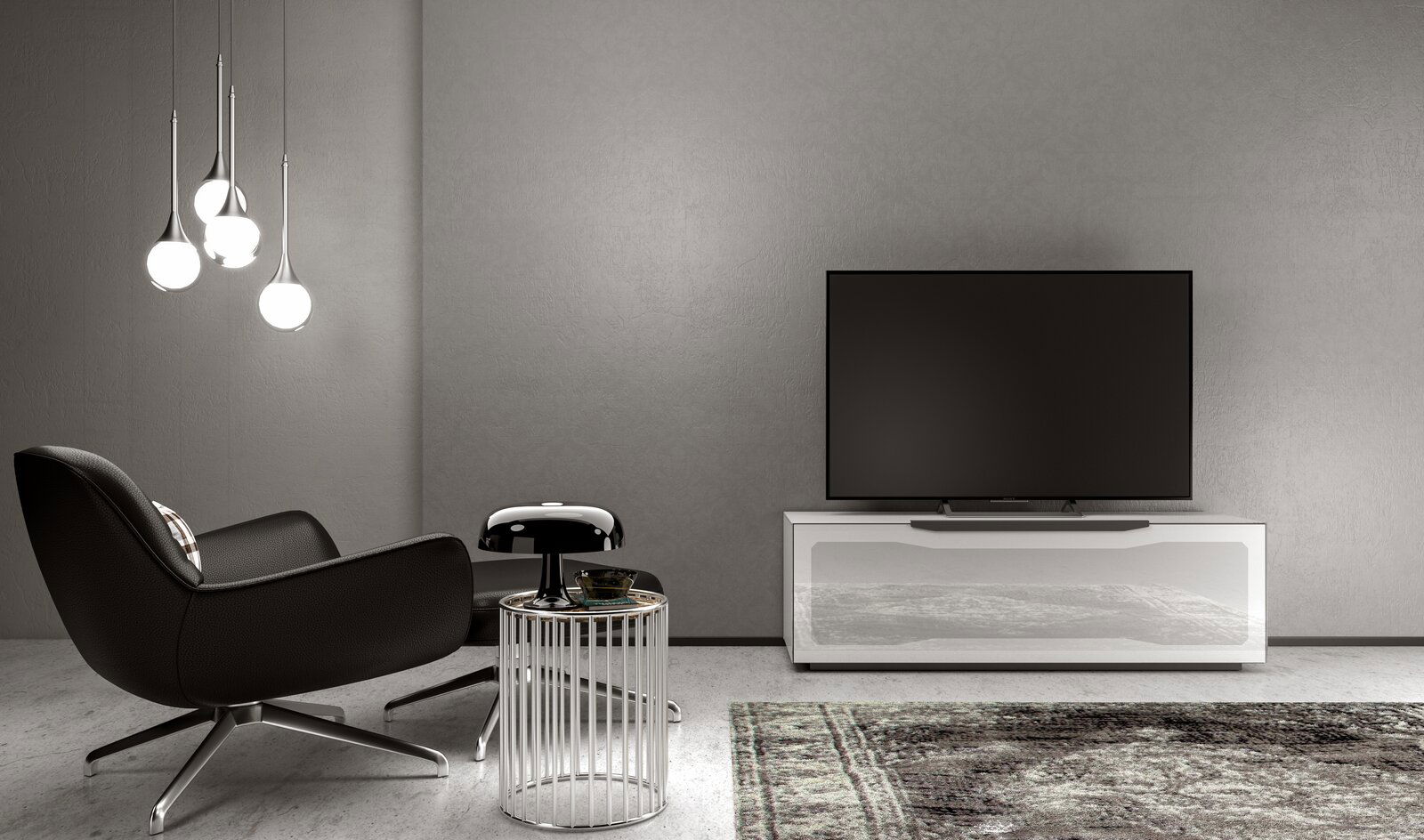 Munari TV-Lowboard RAVENNA Modernes Wohnzimmer mit TV-Lowboard in Weiß, frontal betrachtet, neben einem schwarzen Sessel und einem Beistelltisch.