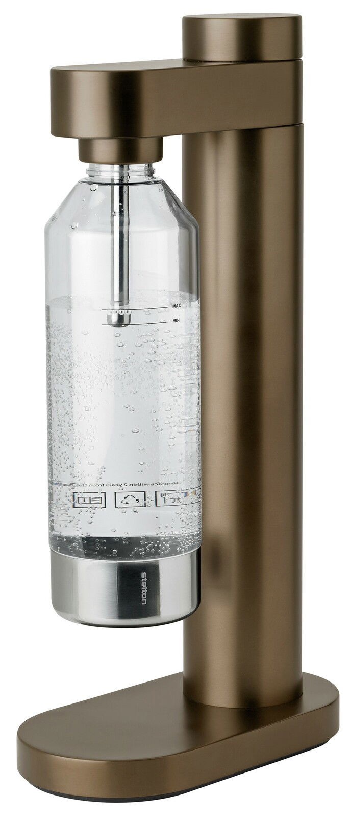 Seitenansicht eines dunkelbraunen Wassersprudlers mit einer transparenten Flasche, die mit sprudelndem Wasser gefüllt ist.