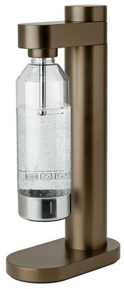 Seitenansicht eines dunkelbraunen Wassersprudlers mit einer transparenten Flasche, die mit sprudelndem Wasser gefüllt ist.