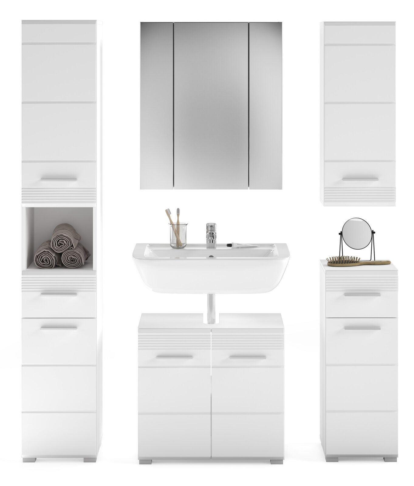 Moderne Badkombination in Weiß mit Spiegel, Waschbecken und Stauraum, frontal betrachtet.
