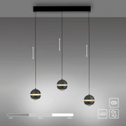 Dreiflammige LED-Pendelleuchte in Schwarz mit drei höhenverstellbaren, halbkugelförmigen Schirmen an länglicher Deckenleiste, Frontalansicht