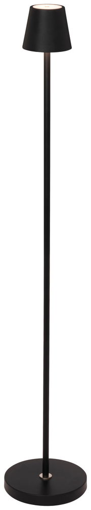 Schwarze Akku-Stehleuchte mit modernem Design, frontal abgebildet