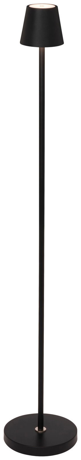 Schwarze Akku-Stehleuchte mit modernem Design, frontal abgebildet