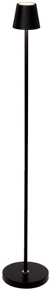 Zwarte accu-staande lamp met een modern ontwerp, afgebeeld van voren