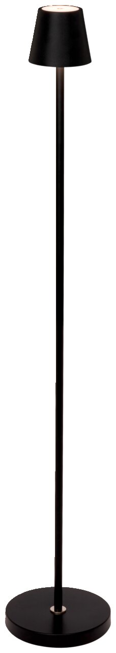 Zwarte accu-staande lamp met een modern ontwerp, afgebeeld van voren
