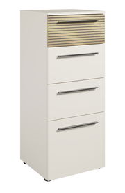 Moderner Aktenschrank mit vier Schubladen, davon eine mit Holzoptik, aus seitlicher Perspektive.