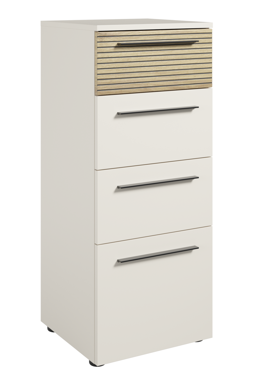 Moderner Aktenschrank mit vier Schubladen, davon eine mit Holzoptik, aus seitlicher Perspektive.