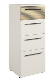 Moderner Aktenschrank mit vier Schubladen, davon eine mit Holzoptik, aus seitlicher Perspektive.