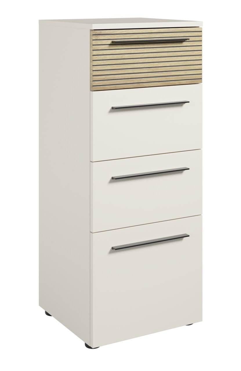 Novel Aktenschrank FLORIDA Moderner Aktenschrank mit vier Schubladen, davon eine mit Holzoptik, aus seitlicher Perspektive.
