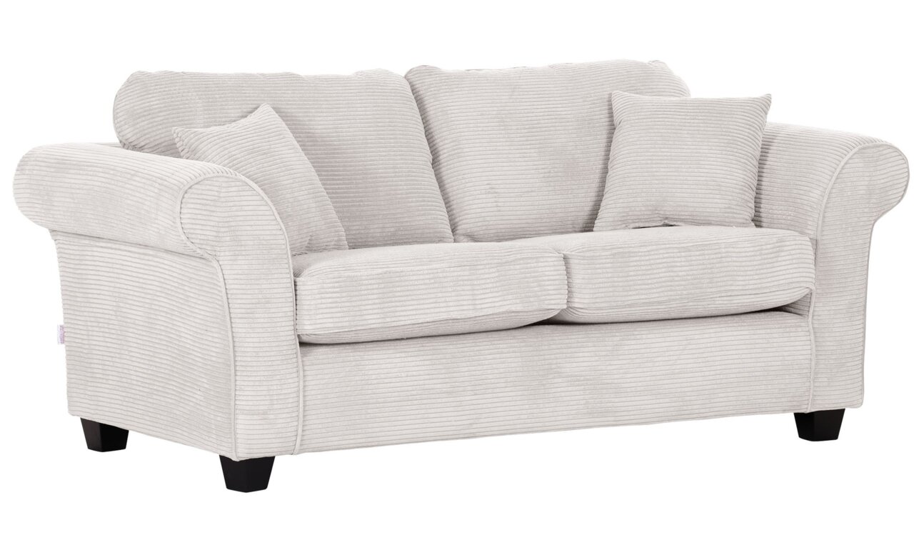 Zweisitzer-Sofa in hellgrauem Stoff mit geripptem Muster, abgebildet aus einer leicht seitlichen Perspektive.