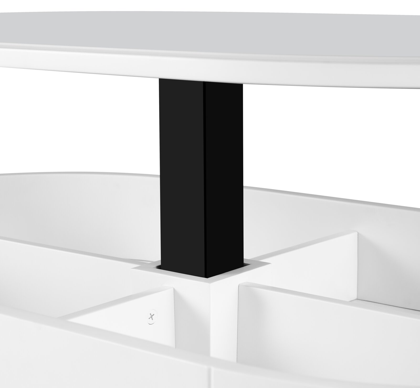 Detailaufnahme eines weißen Möbelstücks mit schwarzem, quadratischem Metallpfosten unter einer weißen Ablageplatte, perspektivisch von vorne leicht schräg aufgenommen