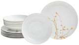 Elegantes 12-teiliges Tafelservice mit goldenen Verzierungen, seitliche Perspektive