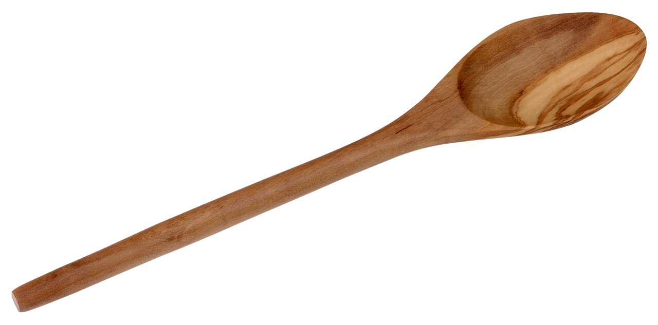 Holzkochlöffel oval, aus Holz gefertigt, in seitlicher Perspektive