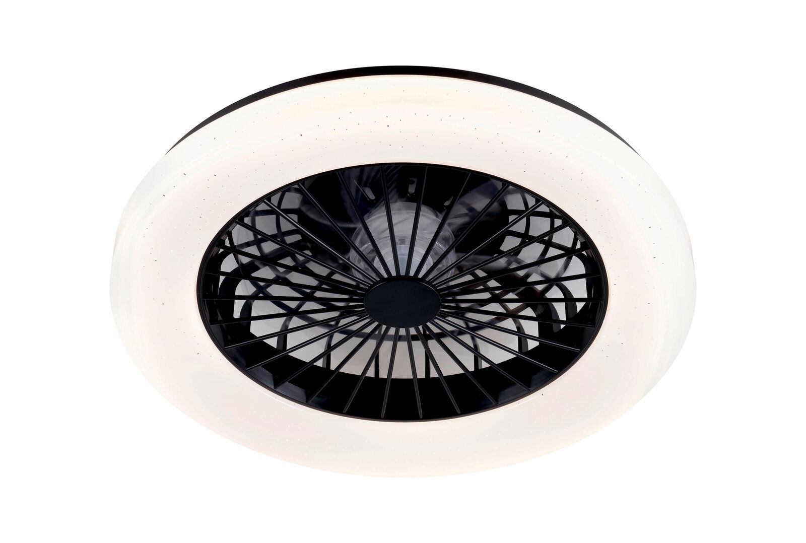 Deckenventilator mit modernem Design, von unten betrachtet, mit schwarzem Gitter und weißem Rahmen.