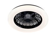 Deckenventilator mit modernem Design, von unten betrachtet, mit schwarzem Gitter und weißem Rahmen.