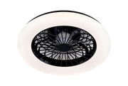 Deckenventilator mit modernem Design, von unten betrachtet, mit schwarzem Gitter und weißem Rahmen.