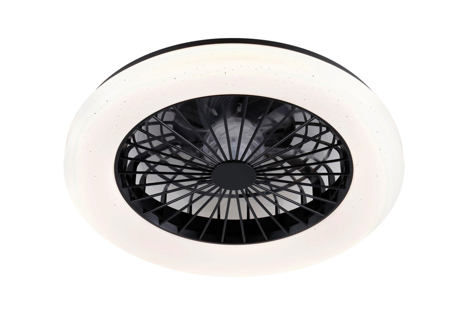 Deckenventilator mit modernem Design, von unten betrachtet, mit schwarzem Gitter und weißem Rahmen.