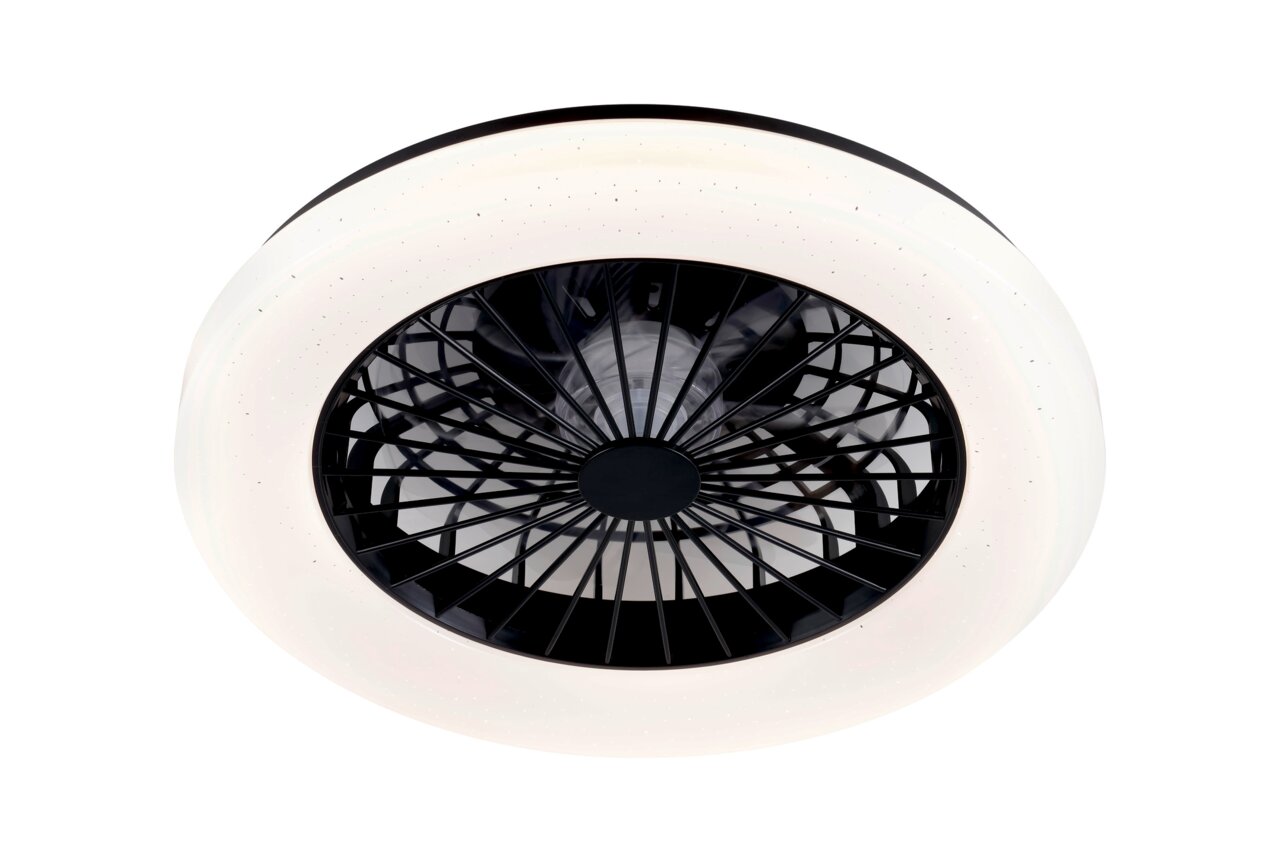 Deckenventilator mit modernem Design, von unten betrachtet, mit schwarzem Gitter und weißem Rahmen.