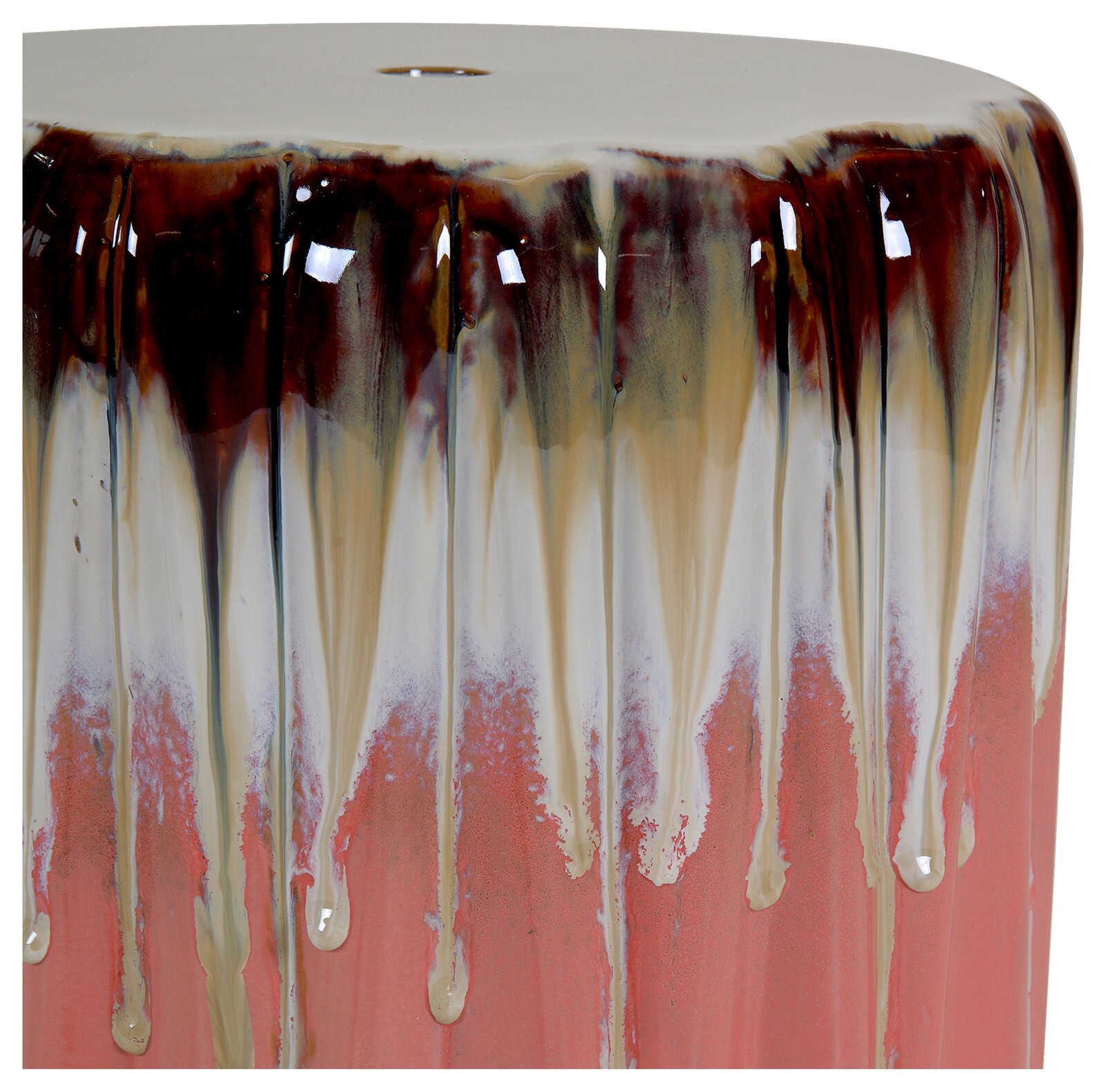 Glänzender Keramik-Hocker/Beistelltisch mit tropfender Glasur in Creme, Braun und Korallrot, frontal aus leicht erhöhter Perspektive auf die Oberseite fotografiert