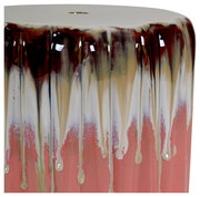 Glänzender Keramik-Hocker/Beistelltisch mit tropfender Glasur in Creme, Braun und Korallrot, frontal aus leicht erhöhter Perspektive auf die Oberseite fotografiert