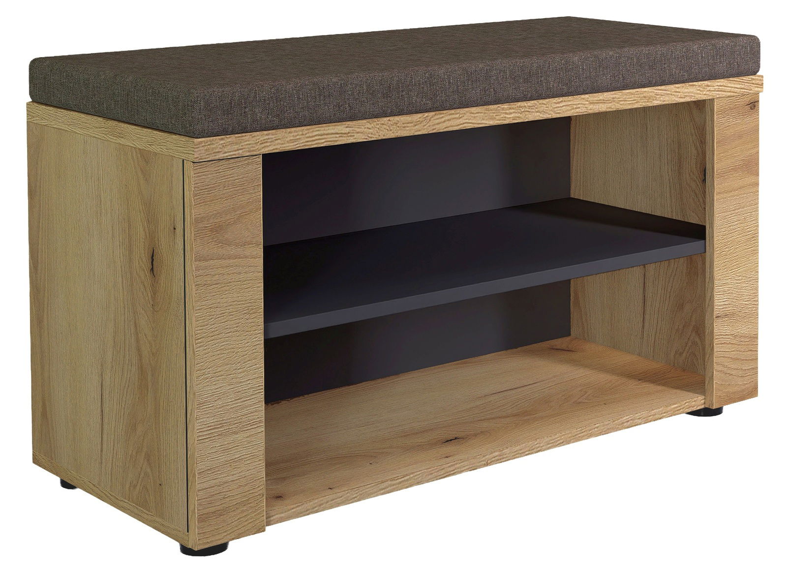 Garderobenbank aus Holz mit gepolsterter Sitzfläche und zwei offenen Ablagefächern, seitliche Perspektive