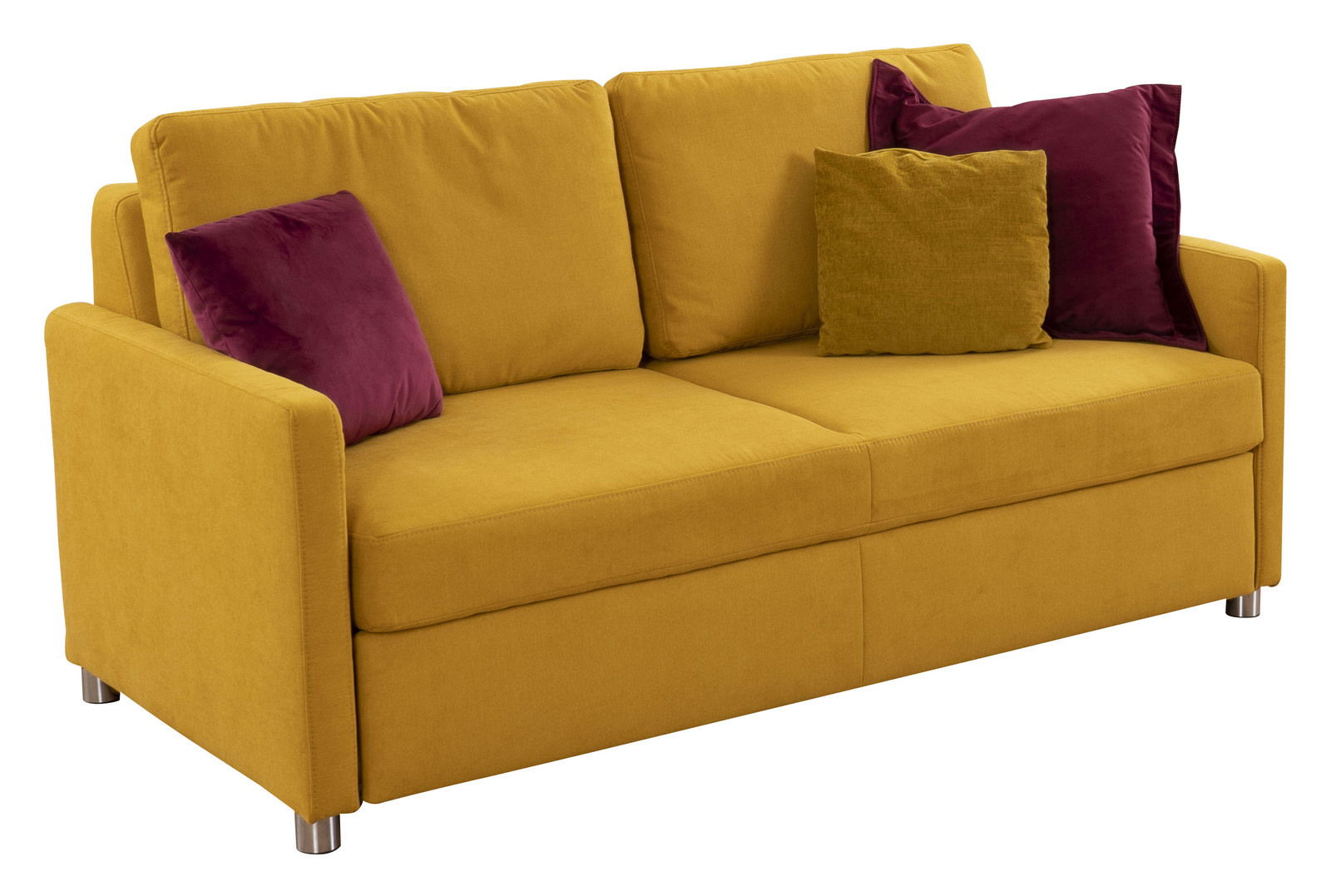 StepOne Schlafsofa MULTIFLEX PLUS Gelbes Funktionssofa mit violetten und gelben Kissen, seitliche Perspektive