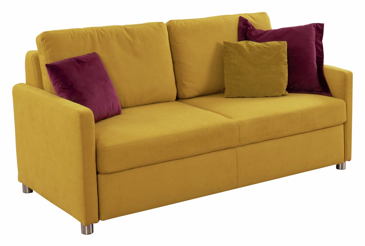 StepOne Schlafsofa MULTIFLEX PLUS Gelbes Funktionssofa mit violetten und gelben Kissen, seitliche Perspektive