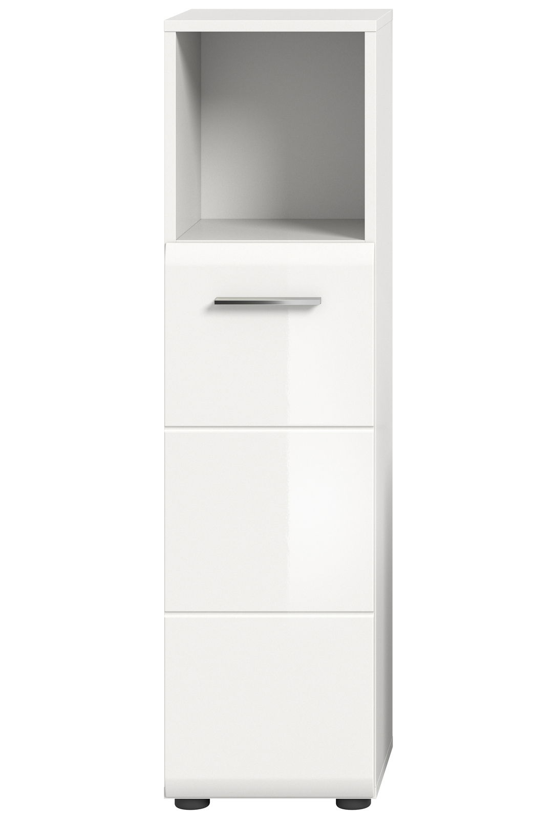 Weißer Standschrank mit offenem Fach oben und zwei Schubladen darunter, Frontalansicht