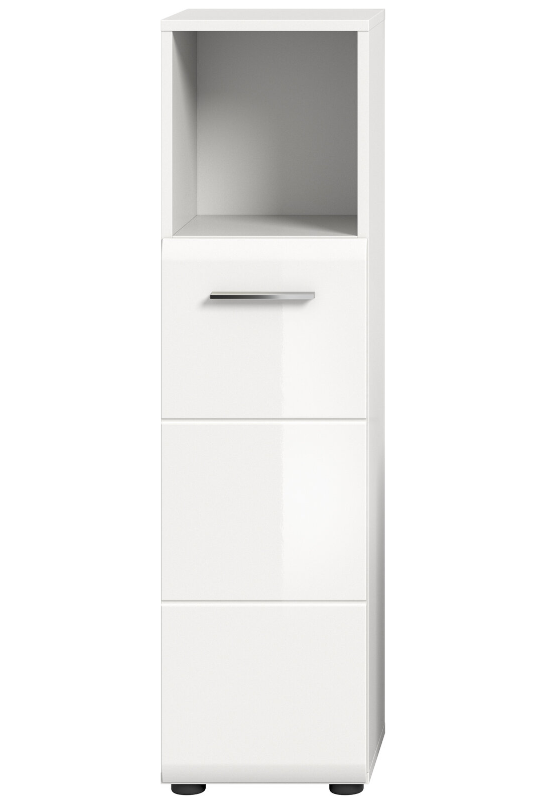 Weißer Standschrank mit offenem Fach oben und zwei Schubladen darunter, Frontalansicht