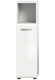 Weißer Standschrank mit offenem Fach oben und zwei Schubladen darunter, Frontalansicht