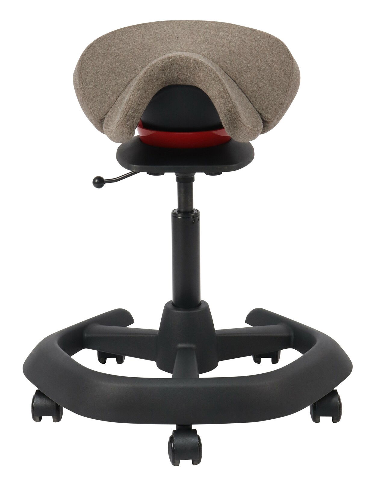 Bürohocker mit ergonomischem Sattelsitz, Rückansicht, höhenverstellbar, auf Rollen.