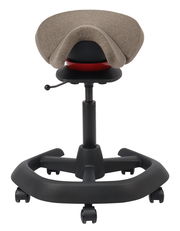 Bürohocker mit ergonomischem Sattelsitz, Rückansicht, höhenverstellbar, auf Rollen.