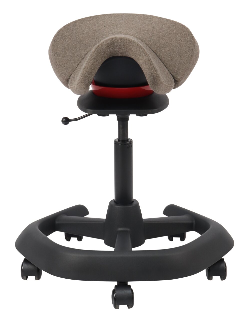 Kantoorkruk met ergonomische zadelzitting, achteraanzicht, in hoogte verstelbaar, op wieltjes.