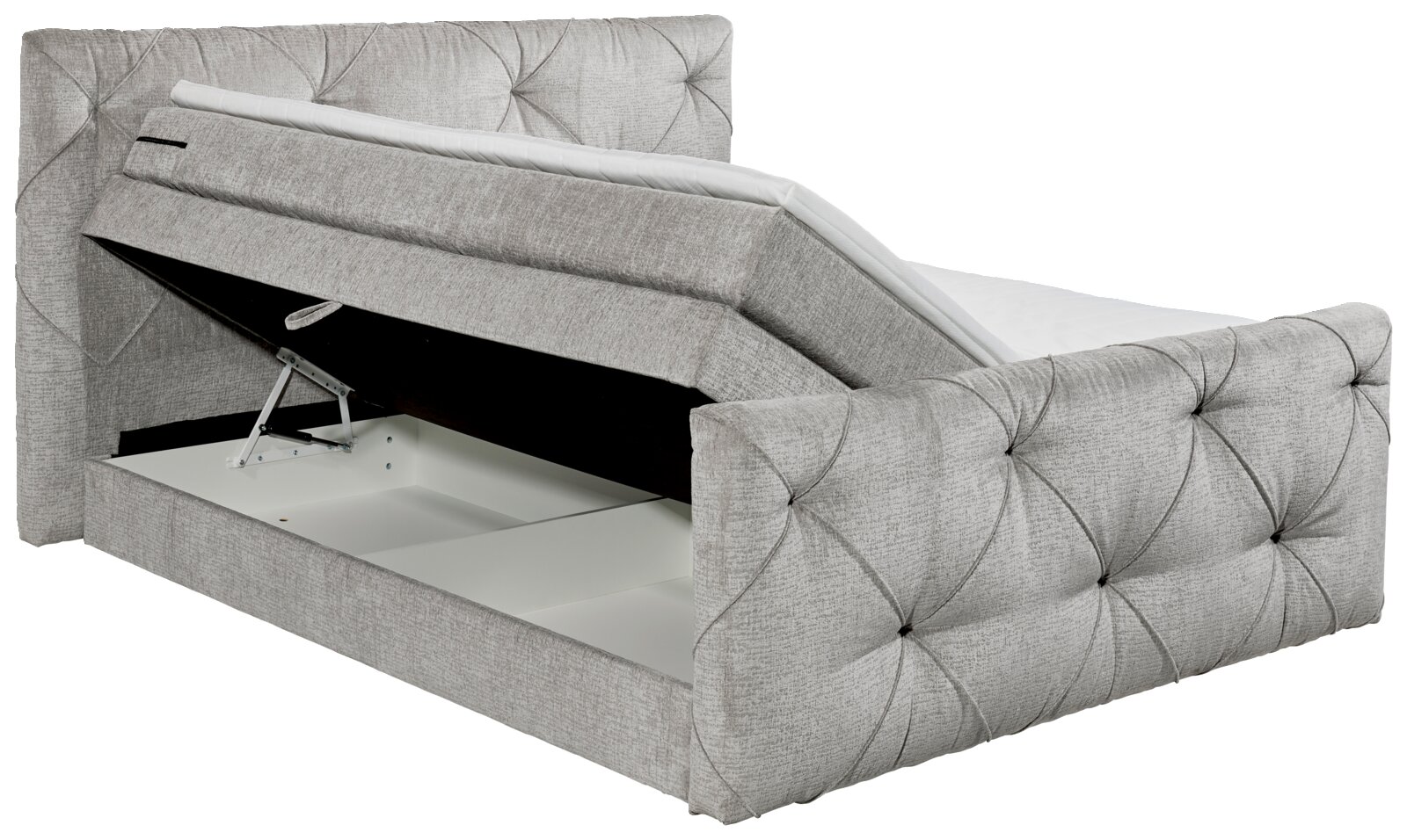Boxspringbett mit Stauraum, seitliche Perspektive, grauer Stoffbezug, geöffnetes Fach