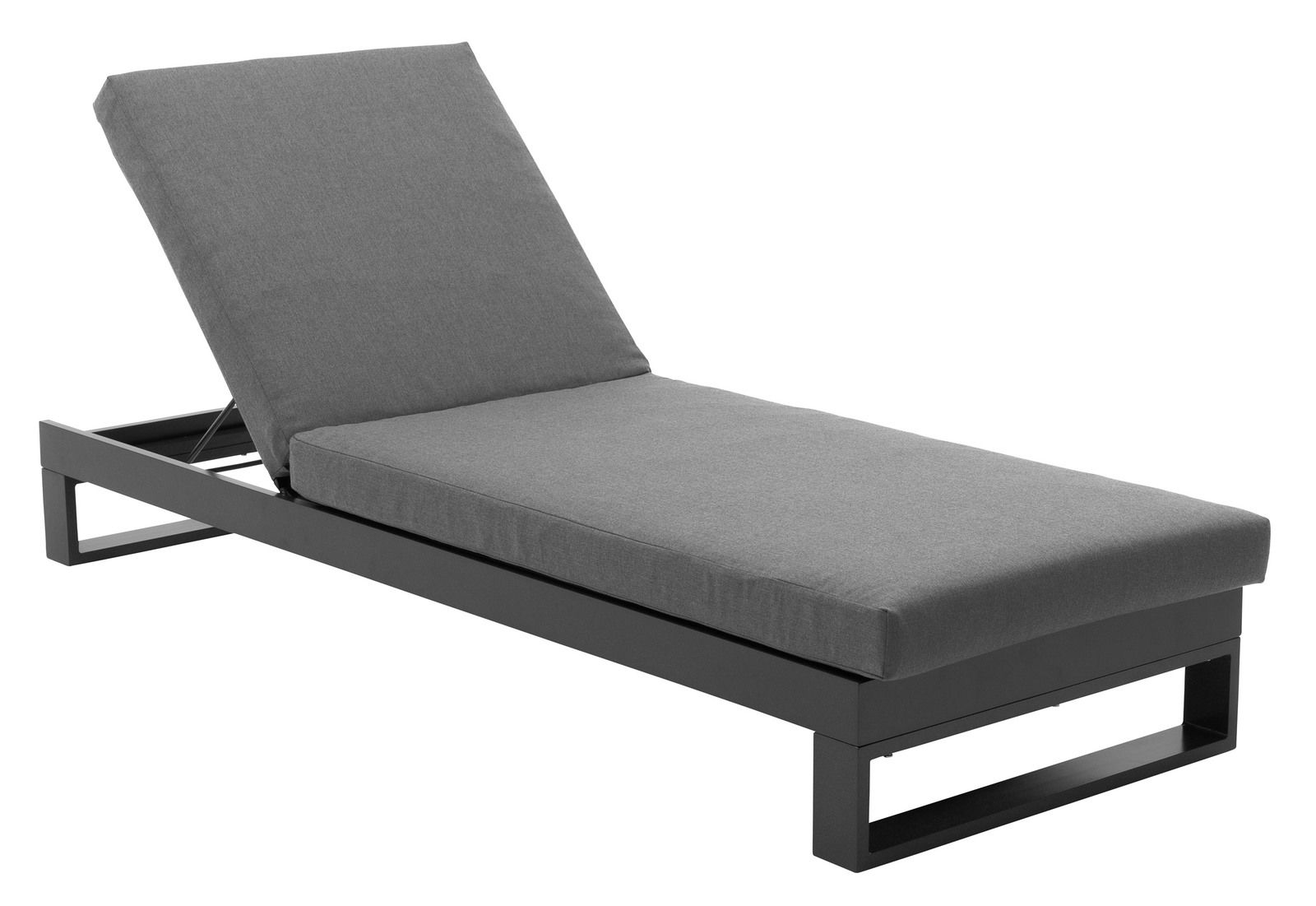 Graue Sonnenliege mit verstellbarer Rückenlehne, seitliche Perspektive