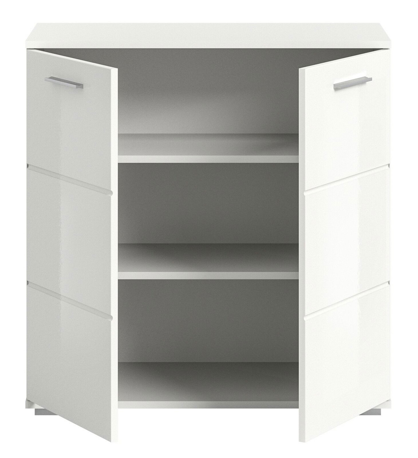 Weiße Kommode mit zwei offenen Türen, die einen Blick auf zwei Regalböden im Inneren bieten, Frontalansicht.