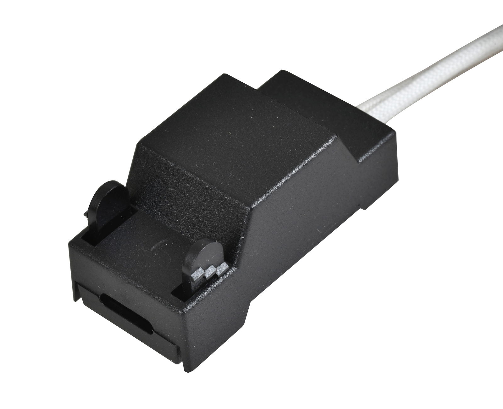 Schwarzes rechteckiges Gehäuse mit Kabel, seitliche Perspektive